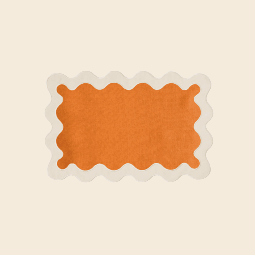 White and Orange 100% Linen Scallop Placemats - Set of 4