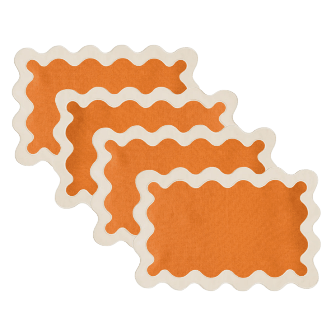 White and Orange 100% Linen Scallop Placemats - Set of 4