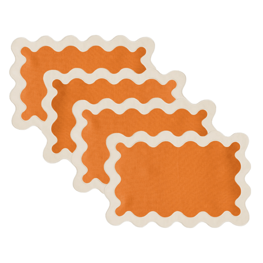 White and Orange 100% Linen Scallop Placemats - Set of 4 - MAIA HOMES
