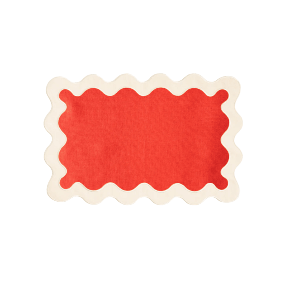 White and Red 100% Linen Scallop Placemats - Set of 4