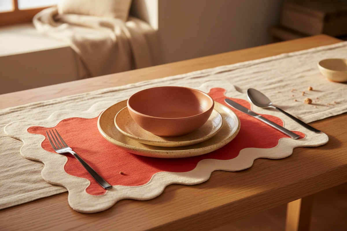 White and red linen scallop placemat set under stacked bowls and gold cutlery on a wooden table.