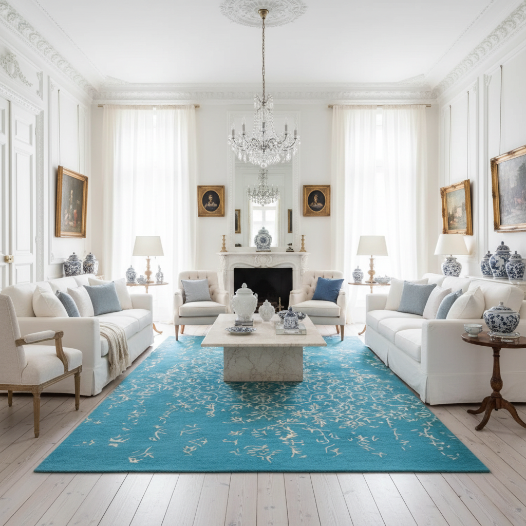 Living room with white furniture, blue rug, and decorative items.
