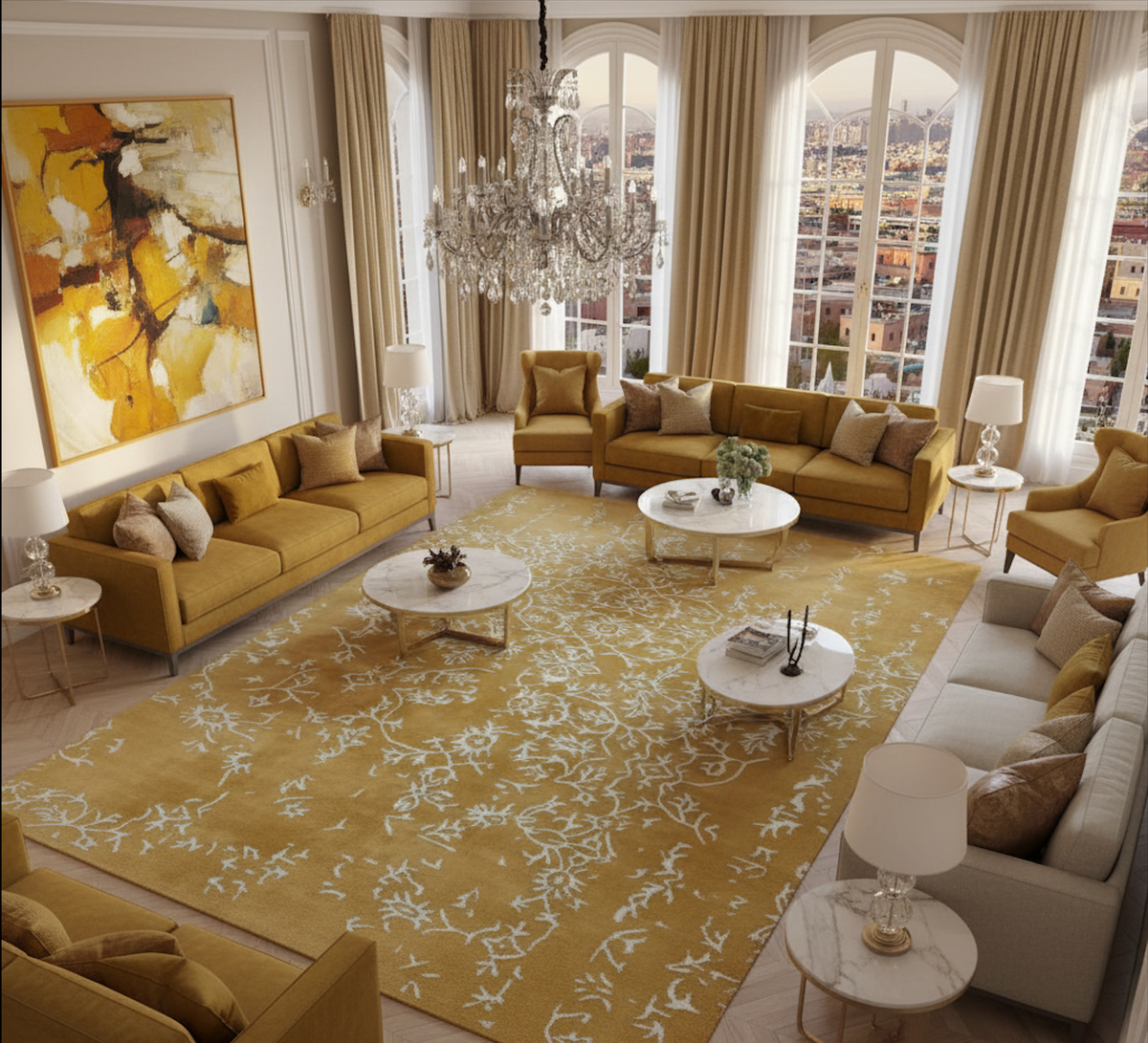 The White Bloom Elegant Hand Tufted Viscose Rug in a warm golden hue, featuring intricate white floral patterns, perfect for a vintage touch in a large living room. This area rug, crafted with a wool-like texture, adds sophistication and elegance to any living room space.