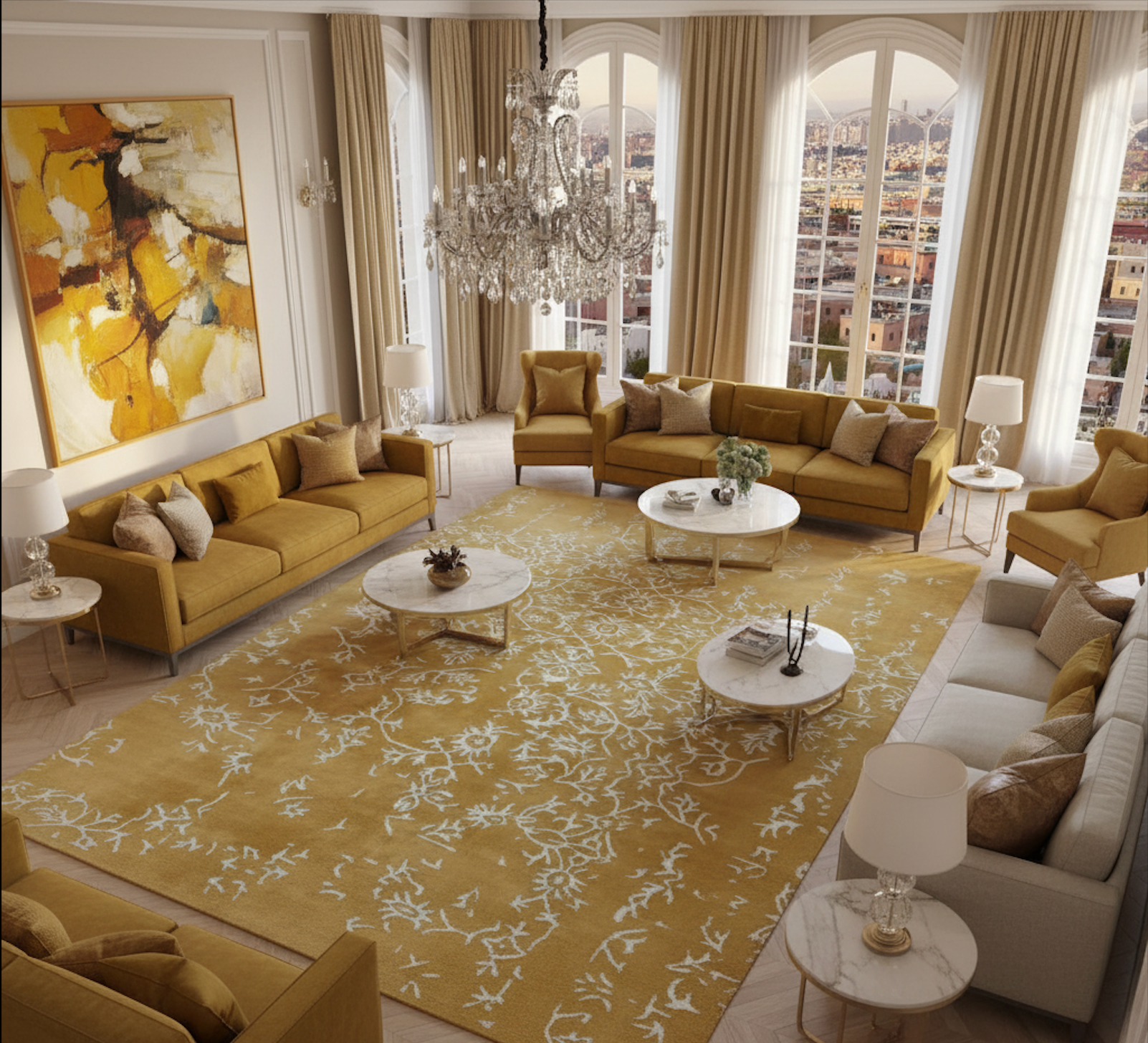 The White Bloom Elegant Hand Tufted Viscose Rug in a warm golden hue, featuring intricate white floral patterns, perfect for a vintage touch in a large living room. This area rug, crafted with a wool-like texture, adds sophistication and elegance to any living room space.