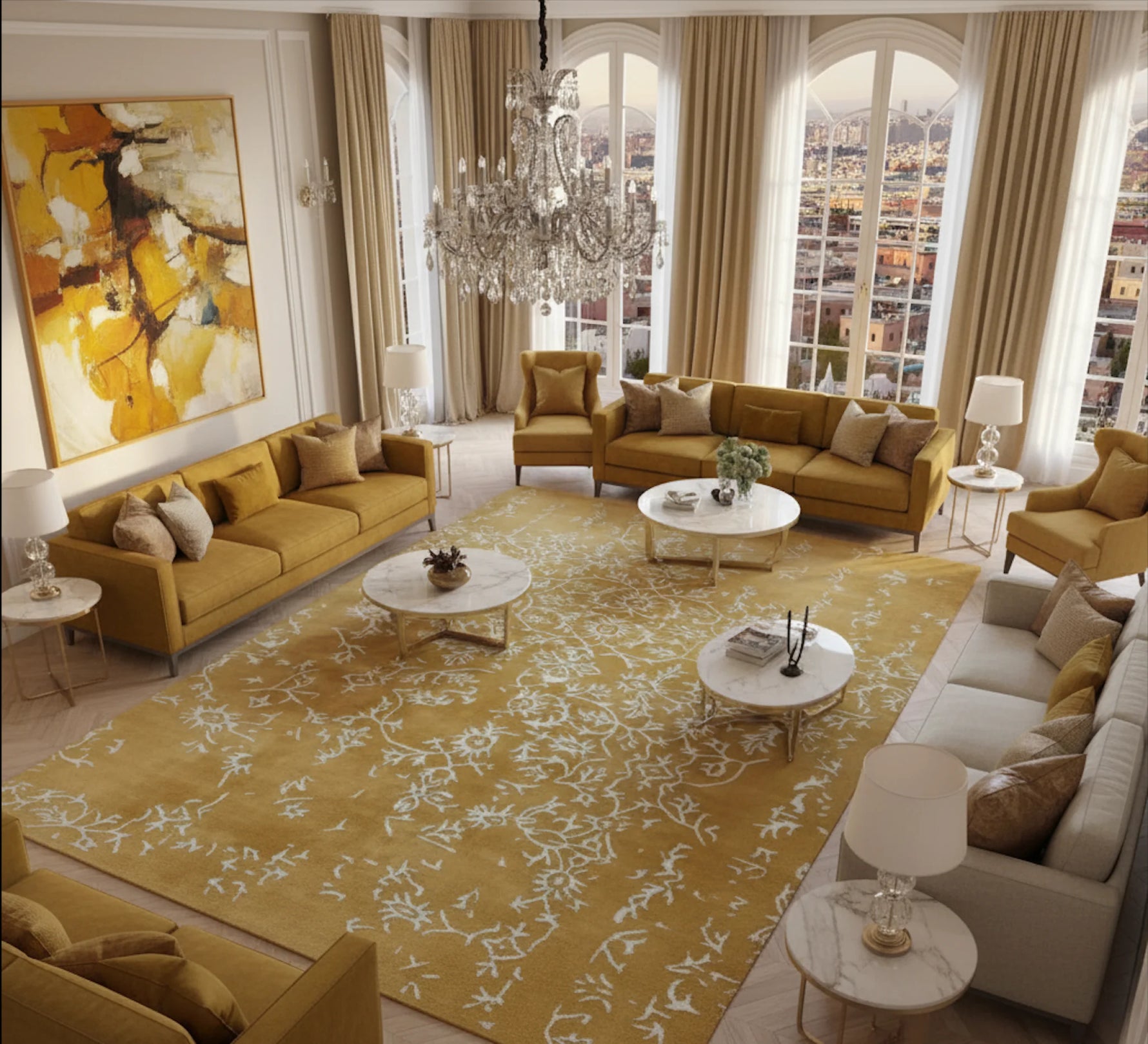 The White Bloom Elegant Hand Tufted Viscose Rug in a warm golden hue, featuring intricate white floral patterns, perfect for a vintage touch in a large living room. This area rug, crafted with a wool-like texture, adds sophistication and elegance to any living room space.