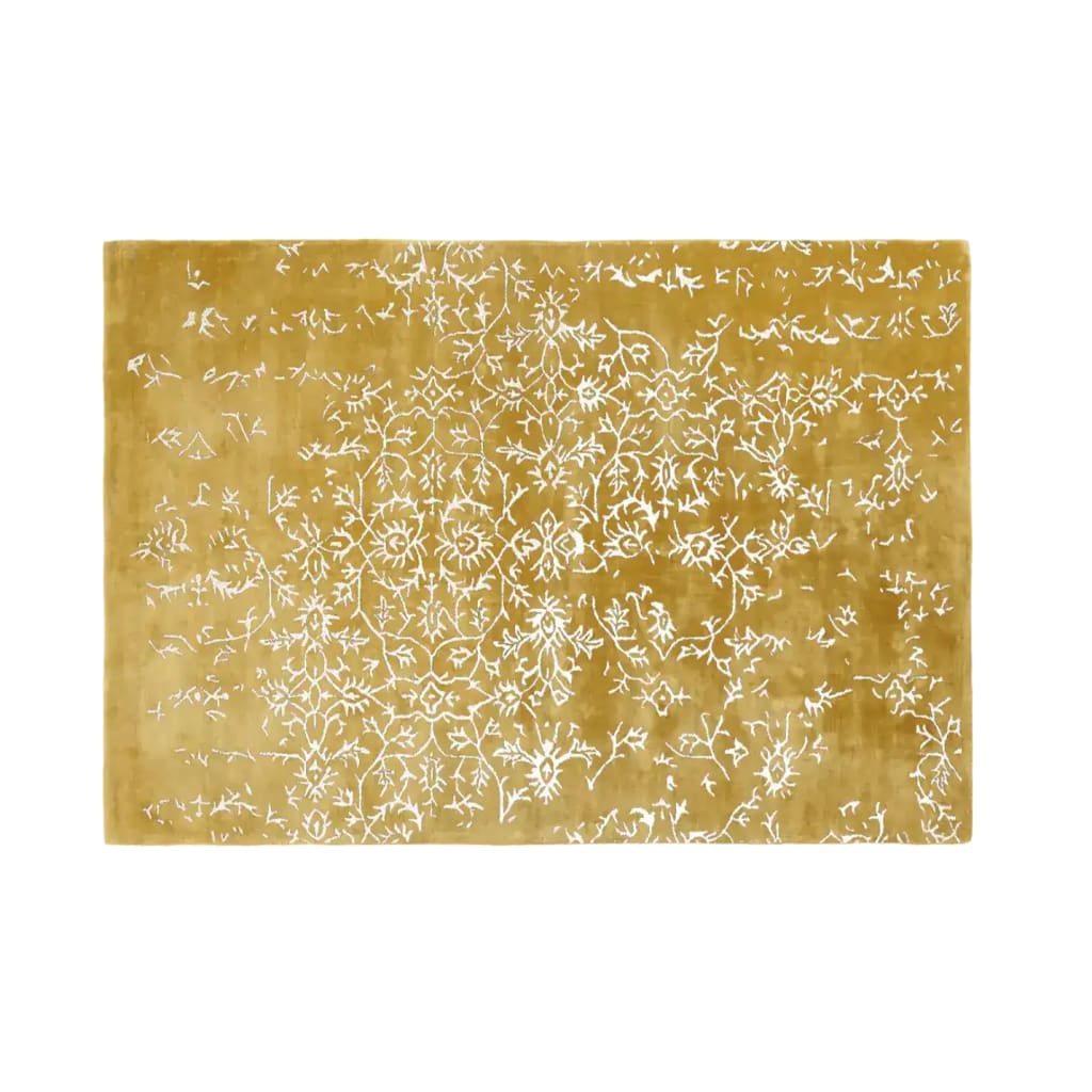 Top view of the White Bloom Elegant Hand Tufted Viscose Rug in a golden hue, showcasing an intricate floral pattern. This area rug is perfect for adding a touch of elegance to large living rooms, blending the charm of a vintage rug with the quality of a wool rug.