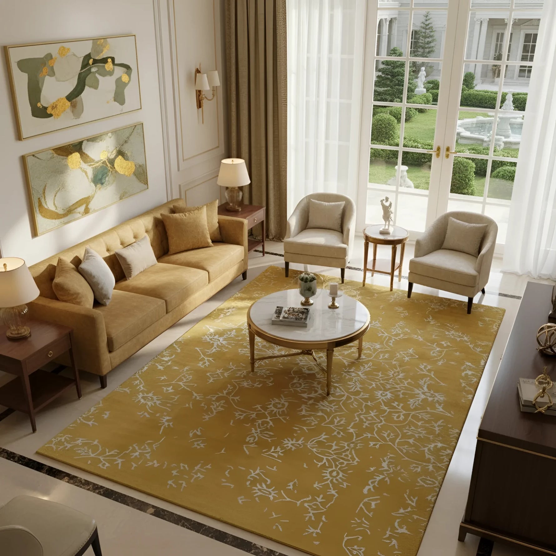 Living room with beige sofa, armchairs, and a yellow white bloom elegant hand tufted wool rug.