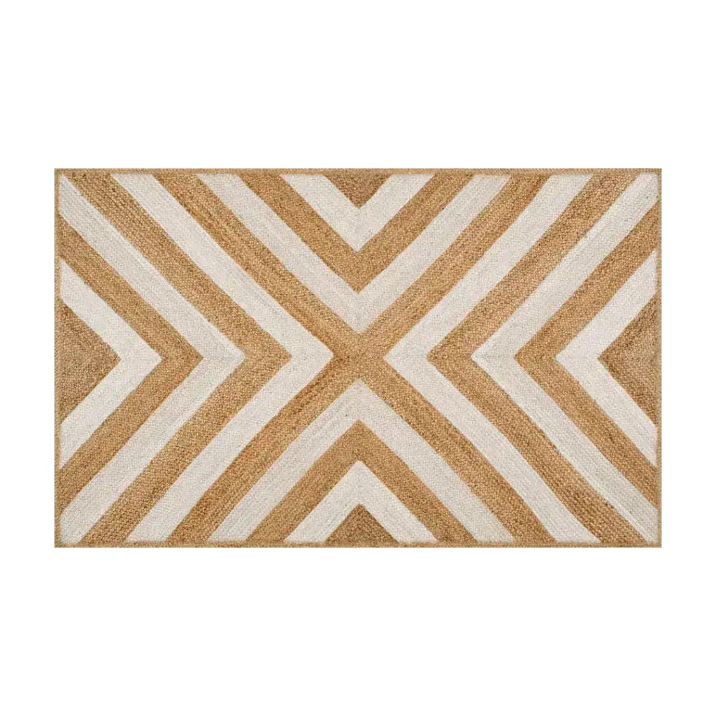 A stylish area rug featuring a white chevron pattern made from natural jute fibers. Perfect for enhancing the decor of living rooms, dining rooms, or bedrooms, this jute rug adds a touch of elegance and warmth to any space.