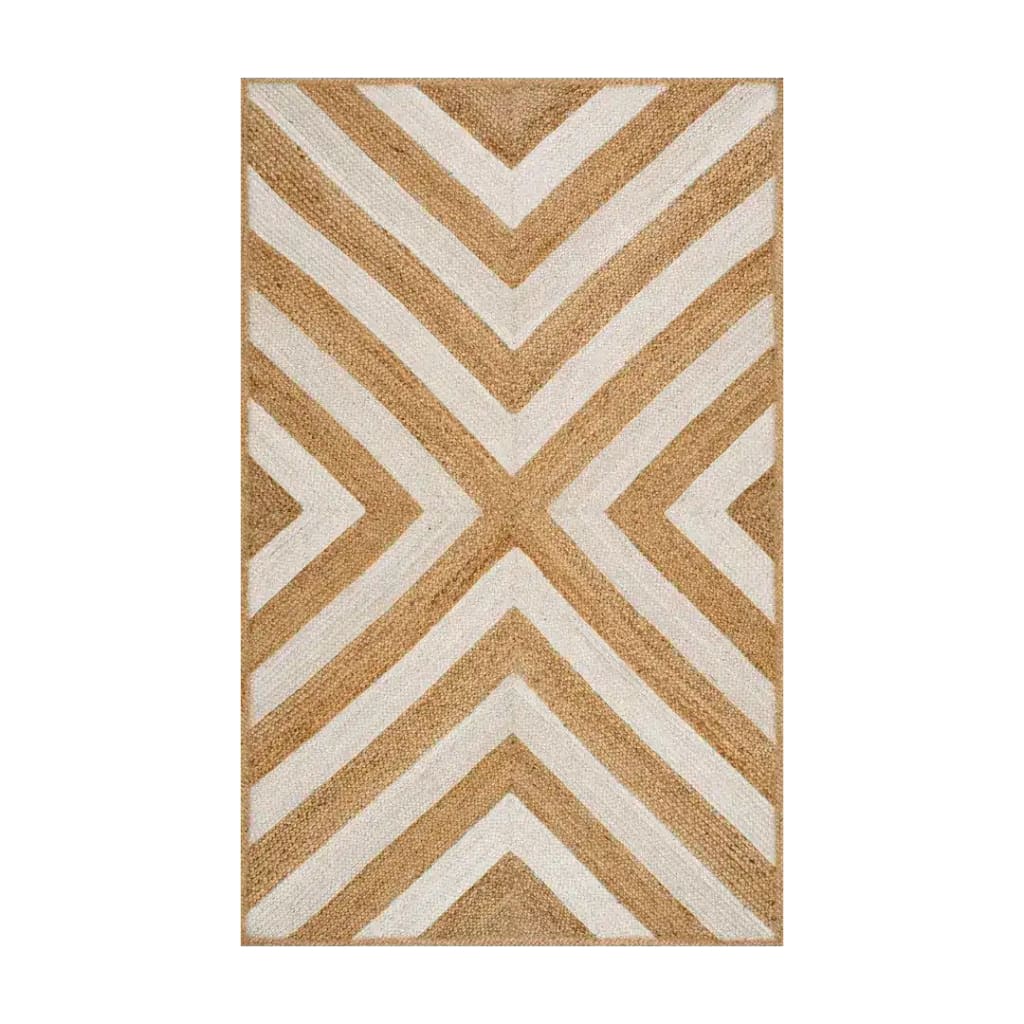Stylish area rug featuring a white chevron pattern crafted from natural jute fibers, ideal for enhancing the decor of living rooms, dining rooms, and bedrooms.