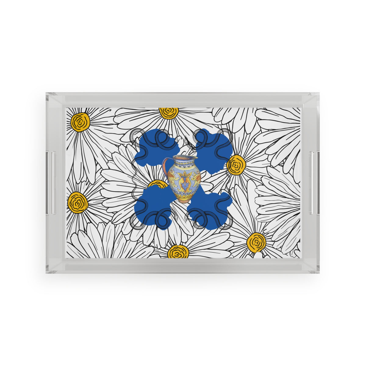 White daisy ladies in blue acrylic tray — clear rectangular tray with daisy outlines and blue silhouettes