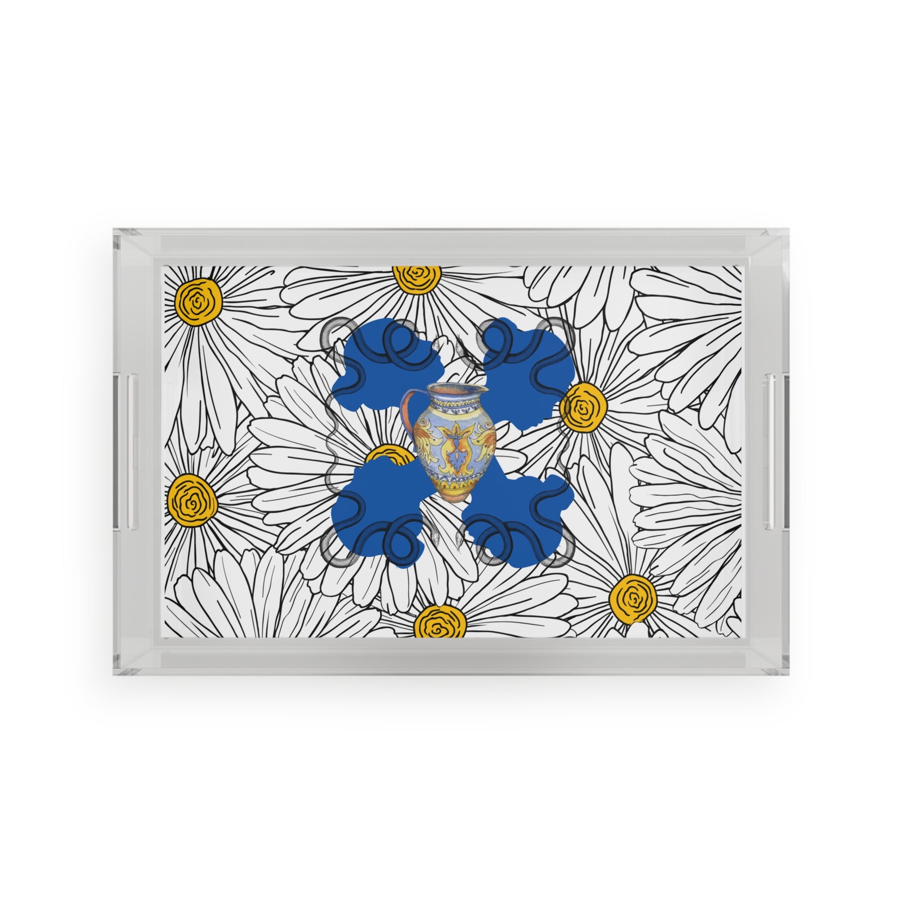 White daisy ladies in blue acrylic tray — clear rectangular tray with daisy outlines and blue silhouettes