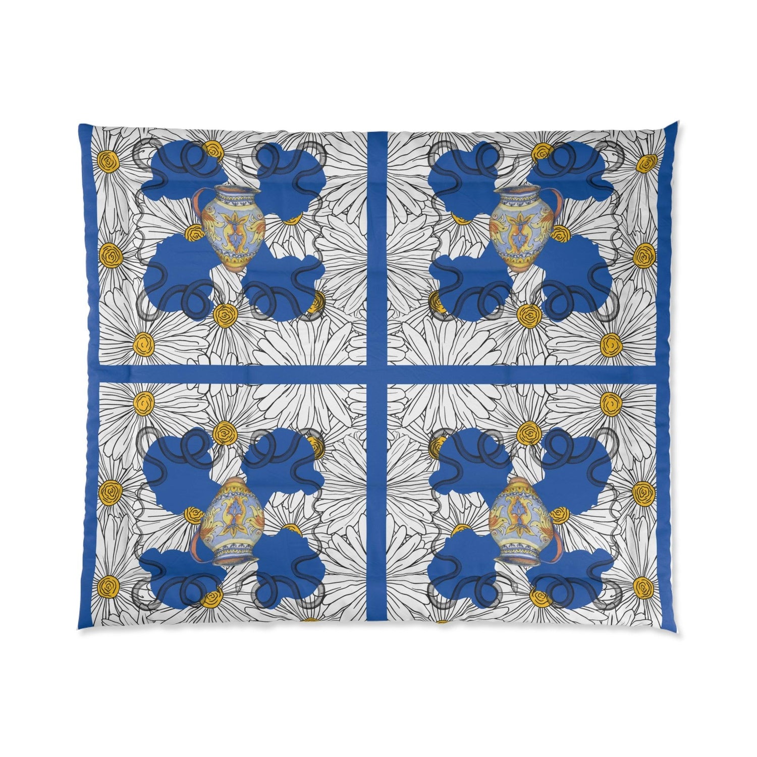 White Daisy Ladies in Blue Comforter 104" × 88"