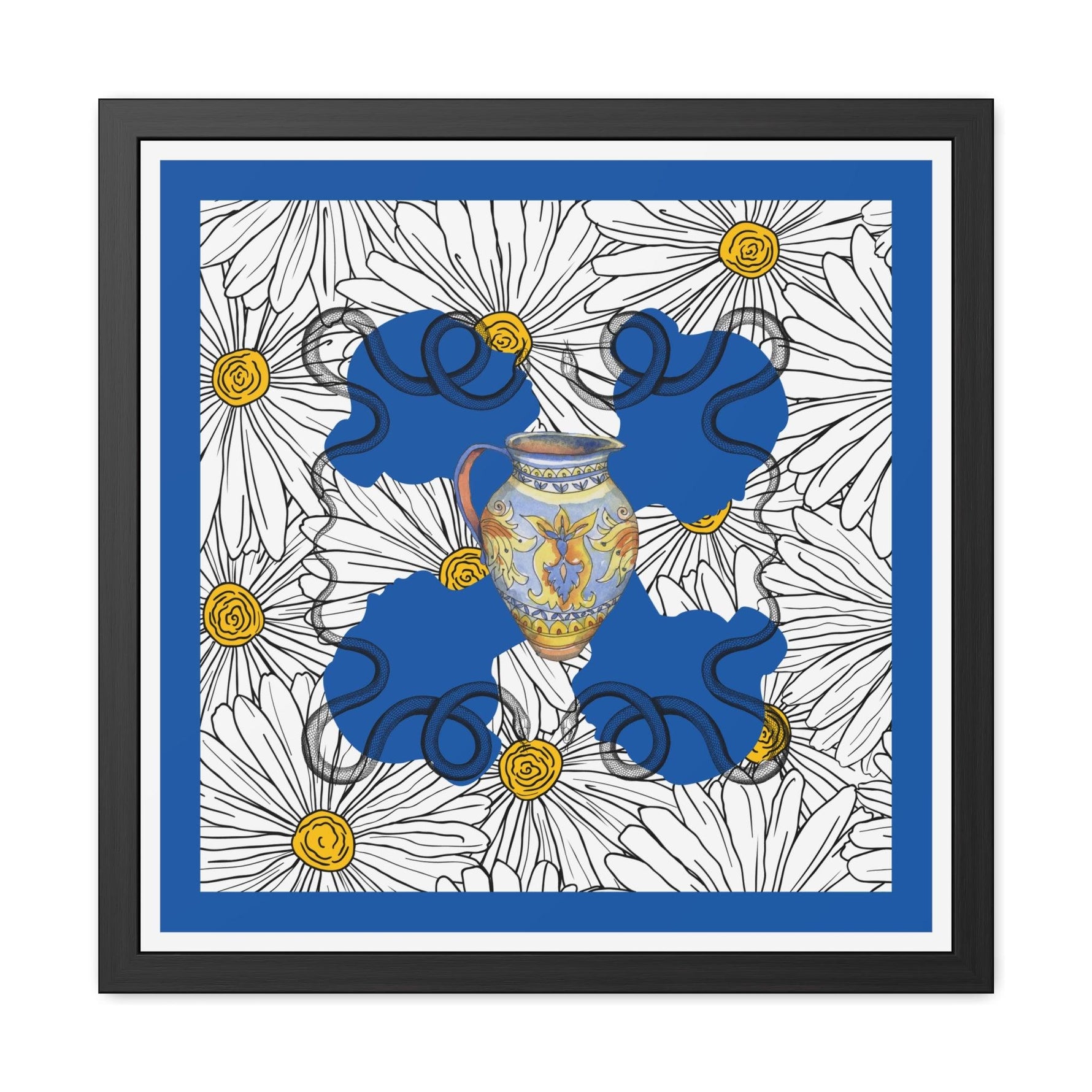 White Daisy Ladies in Blue Framed Poster Wall Art 24″ x 24″ (Square) Semi Glossy