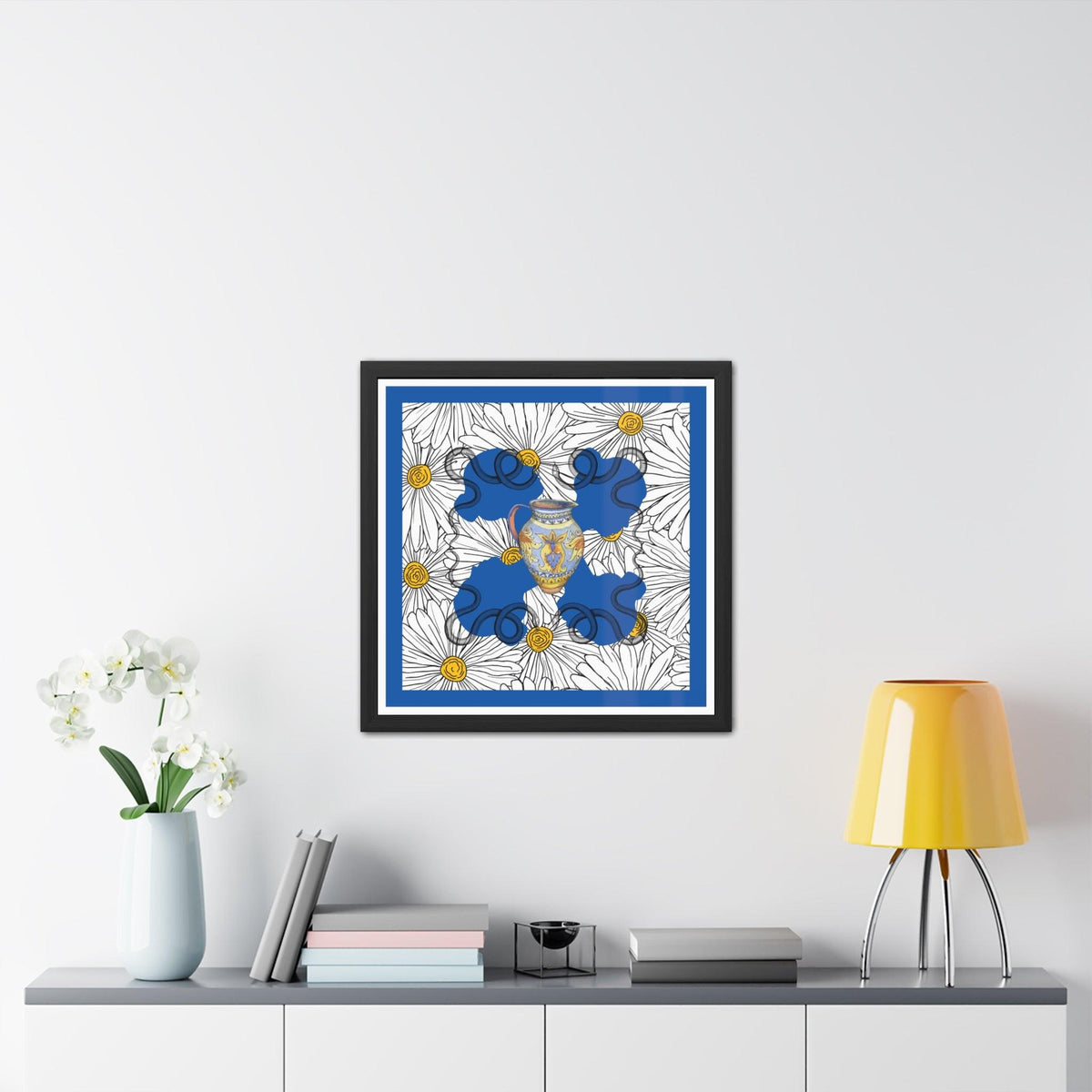 White Daisy Ladies in Blue Framed Poster Wall Art