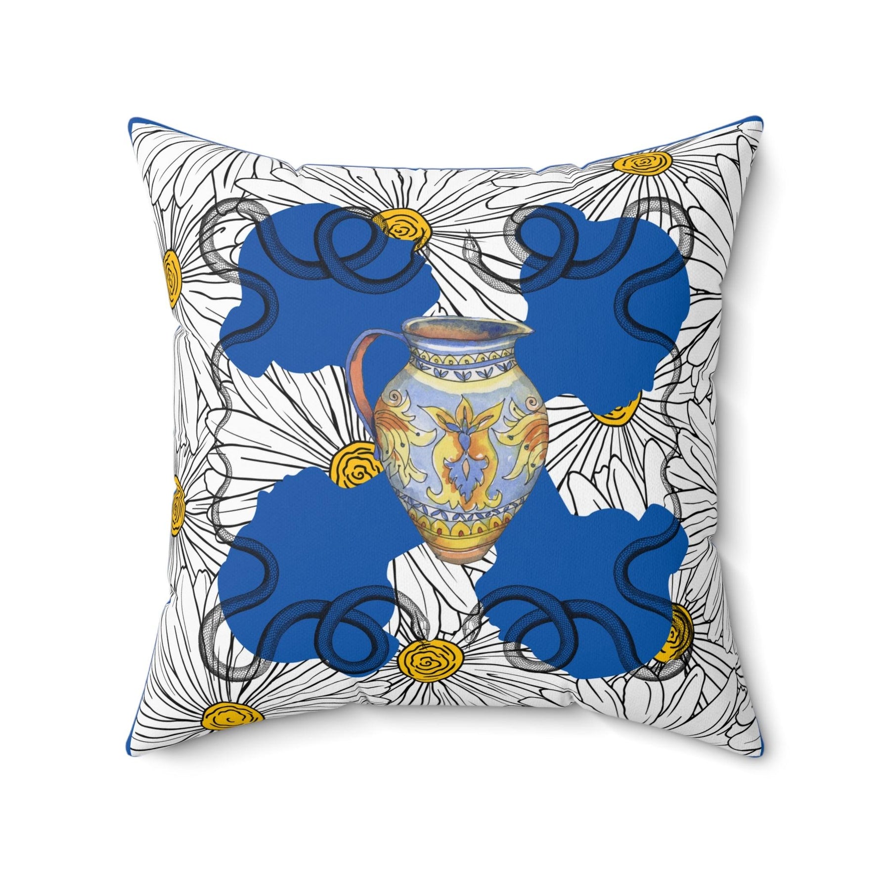 White Daisy Ladies in Blue Polyester Square Throw Pillow 20" × 20"