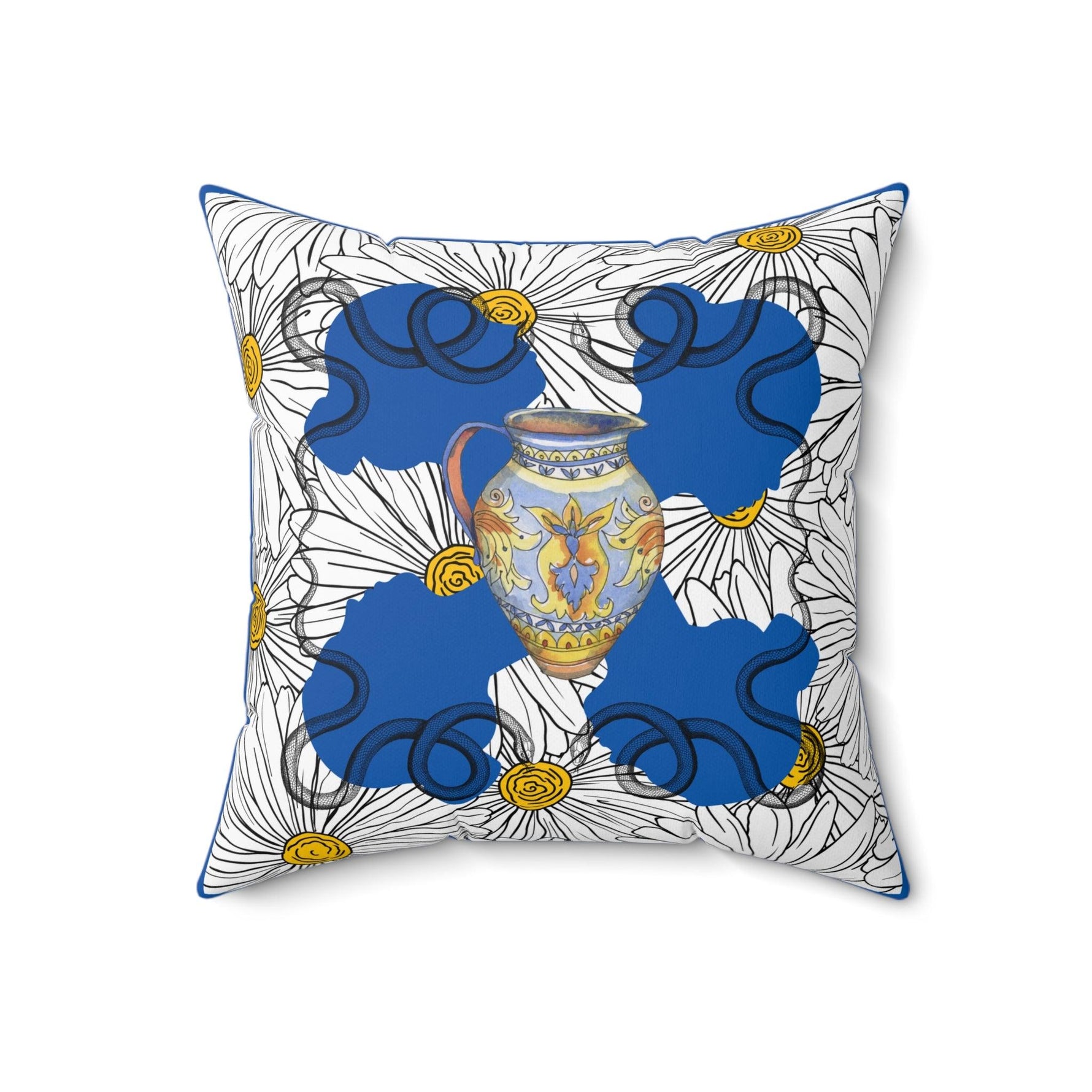 White Daisy Ladies in Blue Polyester Square Throw Pillow