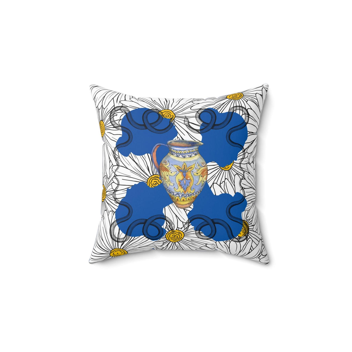 White Daisy Ladies in Blue Polyester Square Throw Pillow 14" × 14"