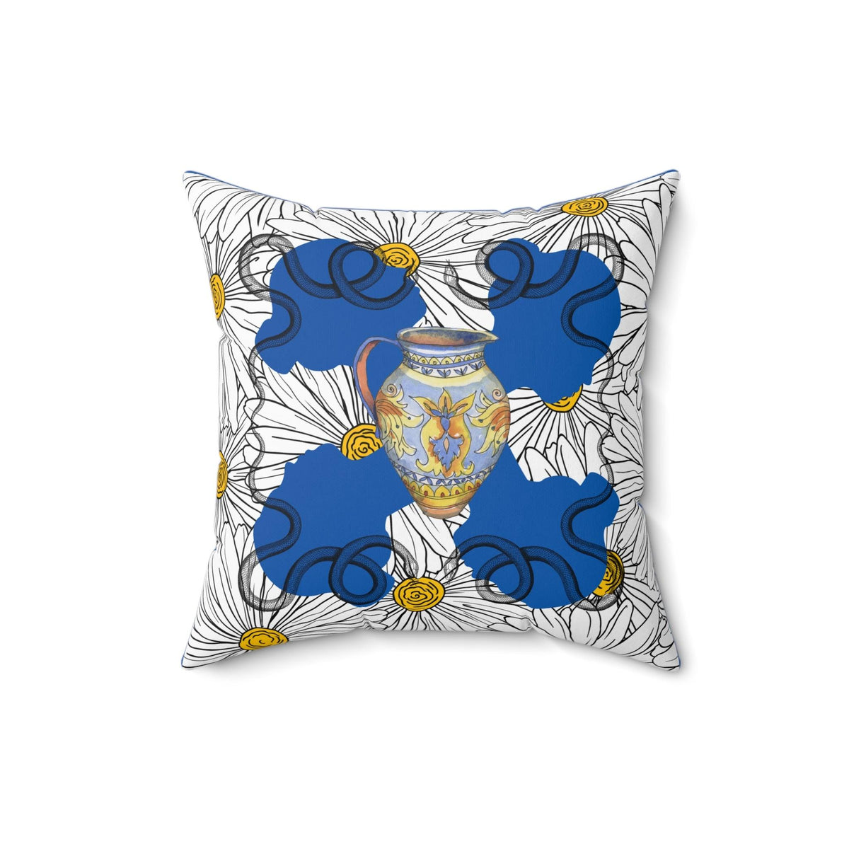 White Daisy Ladies in Blue Polyester Square Throw Pillow 16" × 16"