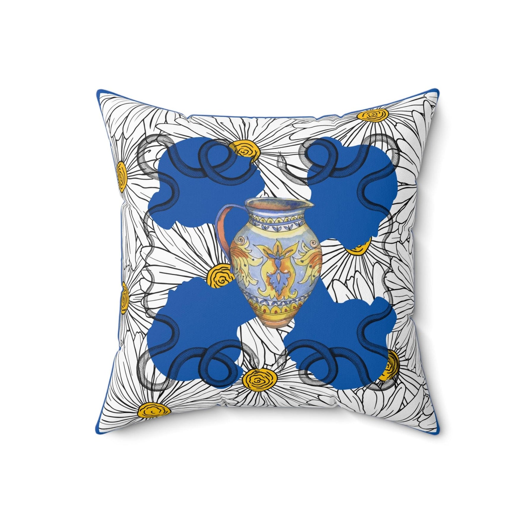 White Daisy Ladies in Blue Polyester Square Throw Pillow 18" × 18"