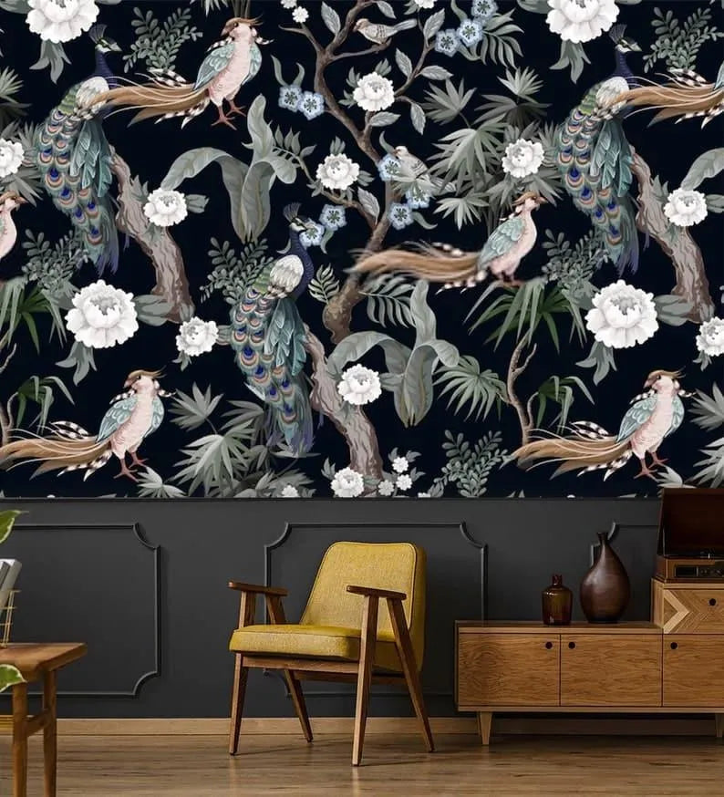 White Flowers and Peacocks on Dark Floral Wallpaper