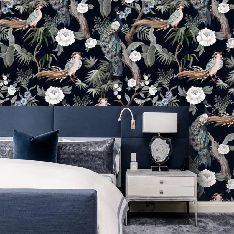 White Flowers and Peacocks on Dark Floral Wallpaper