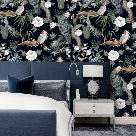 White Flowers and Peacocks on Dark Floral Wallpaper 