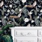 White Flowers and Peacocks on Dark Floral Wallpaper