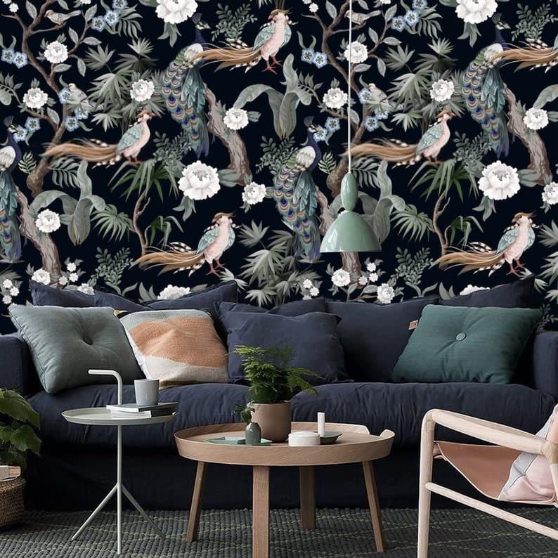 White Flowers and Peacocks on Dark Floral Wallpaper