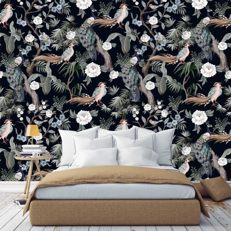 White Flowers and Peacocks on Dark Floral Wallpaper 