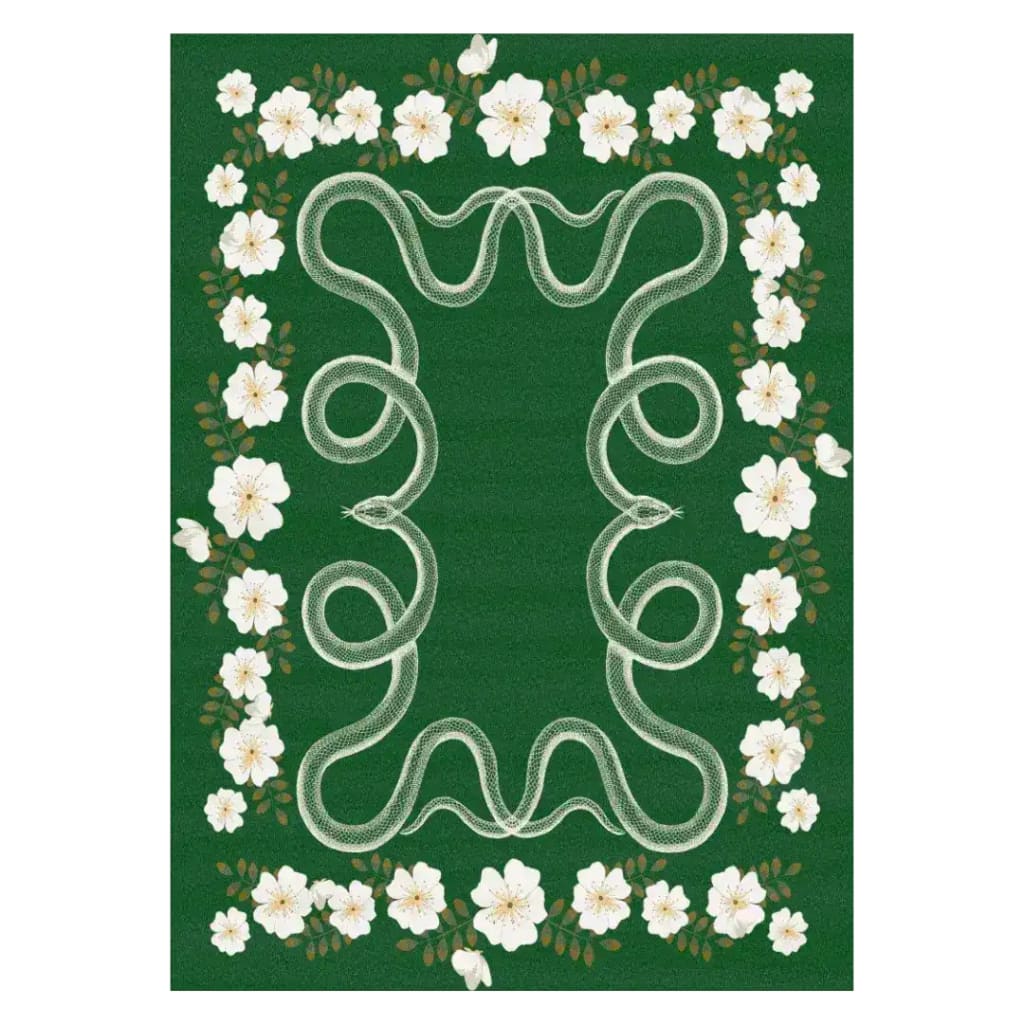 This elegant area rug features a vibrant green background adorned with intricate white floral patterns and a snake motif. Ideal for adding a touch of boho style to your living room or bedroom, this wool rug serves as both a large area rug and a unique piece of decor.