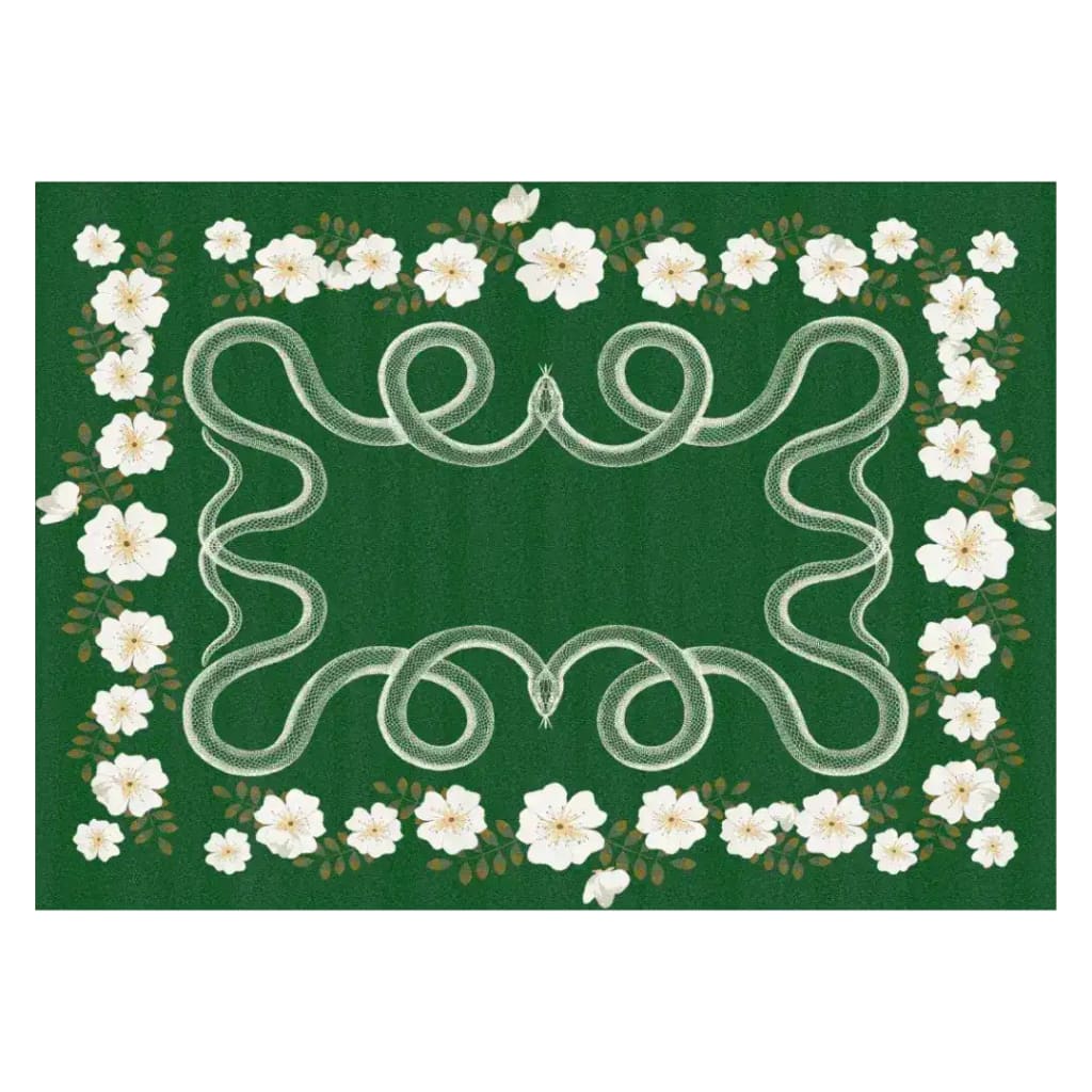 A vibrant green area rug featuring a unique hand-tufted design with white flowers and intertwining snakes. This large wool rug is perfect for adding a touch of boho style to your living room or bedroom. Ideal as a statement piece among large area rugs for living rooms, this rug combines elegance with an artistic flair.