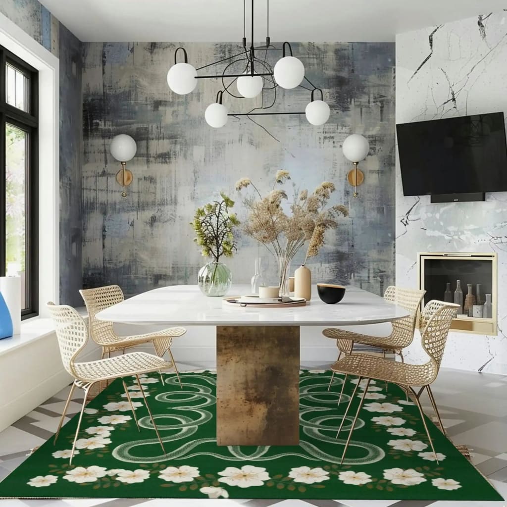 Stylish living room featuring a White Flowers Snakes Hand Tufted Area Rug in green. This large wool rug adds a boho touch to the modern space with its intricate floral design. Perfect for enhancing large areas like living rooms or bedrooms, this area rug complements the chic decor with its soft texture and elegant pattern.