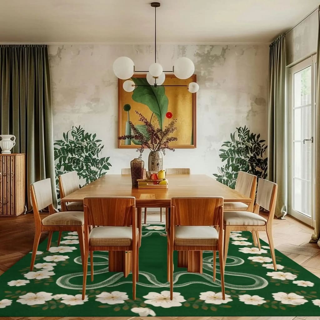 A stylish dining room featuring a hand-tufted wool rug with a vibrant green background adorned with white floral and snake patterns. This large area rug adds a boho touch to the space, complementing the wooden dining table and chairs. Perfect for bedrooms or large living rooms, this rug enhances the room's aesthetics with its intricate design.
