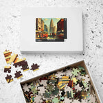 White Historical City puzzle box with cityscape art beside an open tray of loose pieces