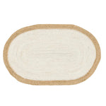 Top view of a white oval jute area rug, perfect for adding a natural touch to any living room. This elegant rug features a woven texture with a subtle beige border, making it ideal for those seeking stylish rugs for living room spaces or versatile living room area rugs.