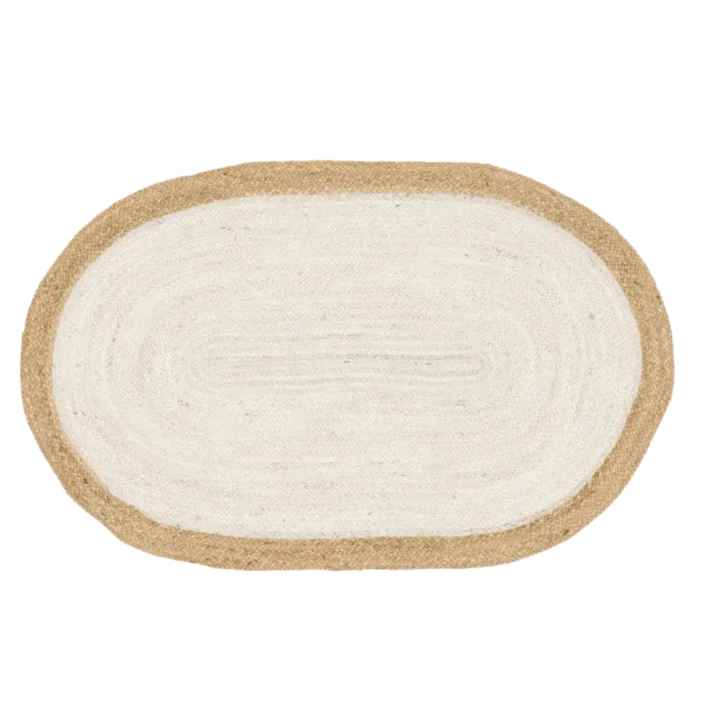 Top view of a white oval jute area rug, perfect for adding a natural touch to any living room. This elegant rug features a woven texture with a subtle beige border, making it ideal for those seeking stylish rugs for living room spaces or versatile living room area rugs.