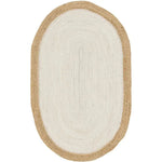 Top view of a white oval jute area rug, perfect for adding a natural touch to living room spaces. This elegant living room area rug combines style and sustainability, making it an ideal choice for those seeking eco-friendly rugs for living room decor.
