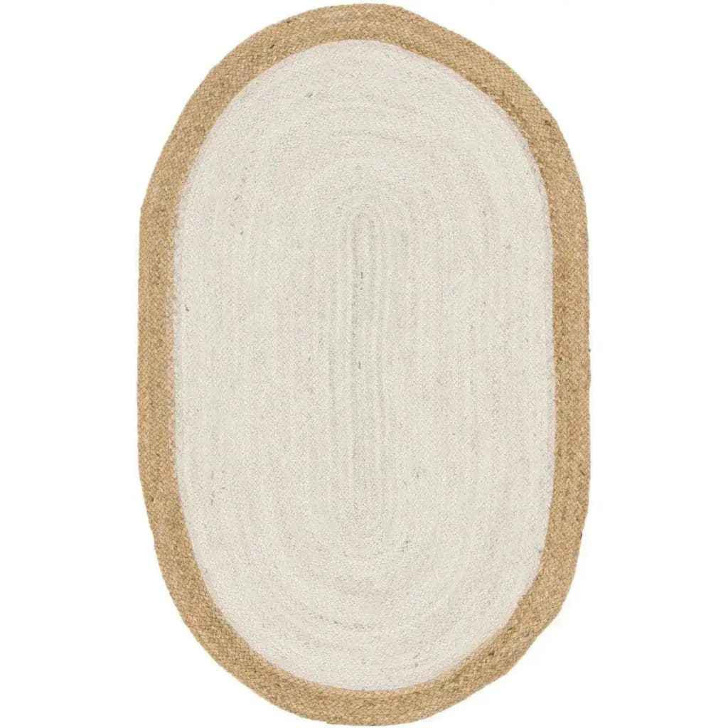 Top view of a white oval jute area rug, perfect for adding a natural touch to living room spaces. This elegant living room area rug combines style and sustainability, making it an ideal choice for those seeking eco-friendly rugs for living room decor.
