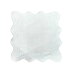 Single white scallop linen square placemat flat on white background, clean wavy border with tonal stitching