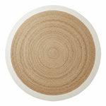 Round woven rug with a beige center and white border on a white background