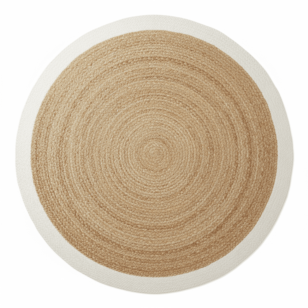 Round woven rug with a beige center and white border on a white background