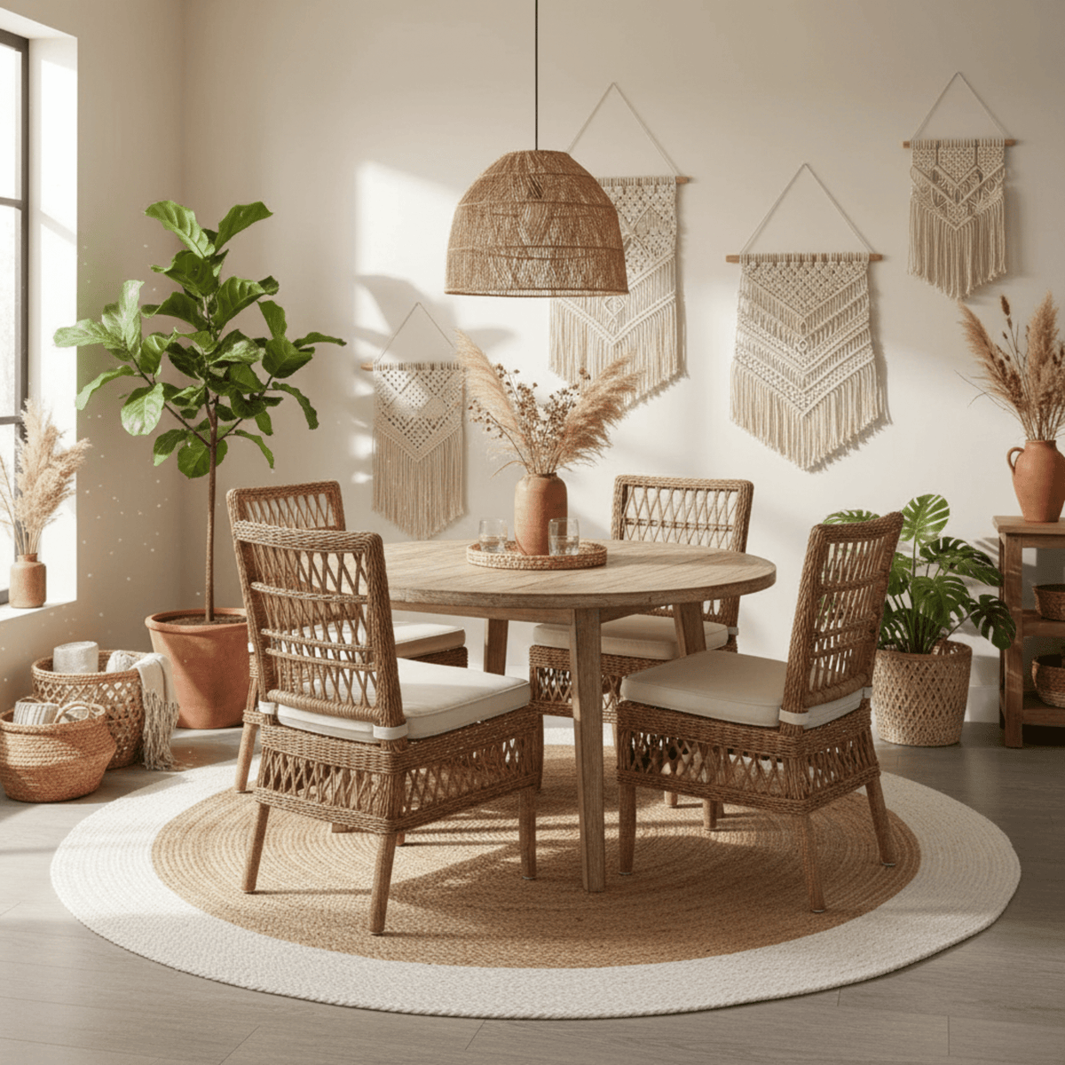 Dining room with wicker chairs, round rug, a table, and decorative wall hangings.