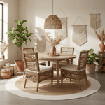 Dining room with wicker chairs, round rug, a table, and decorative wall hangings.