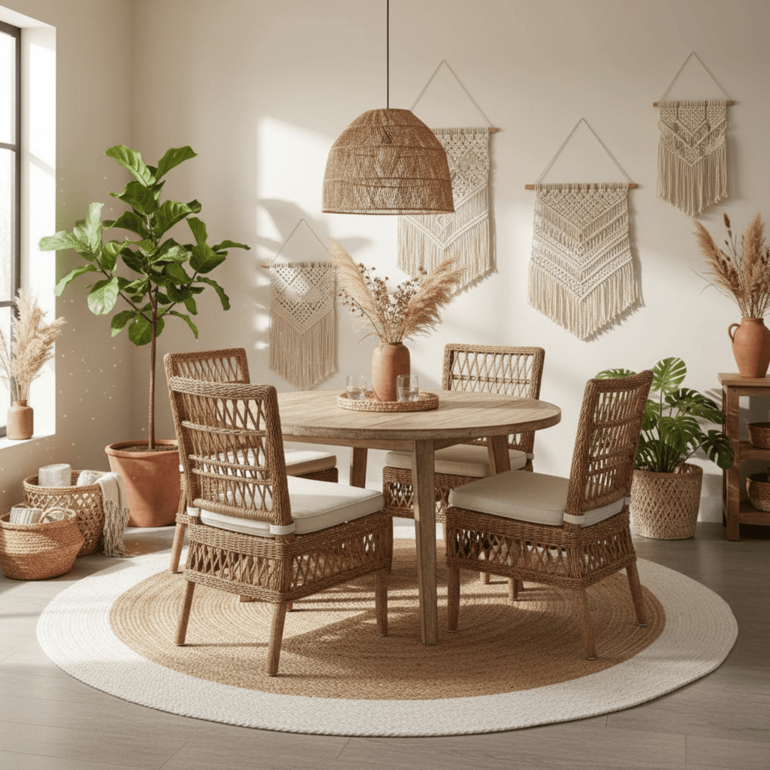 Dining room with wicker chairs, round rug, a table, and decorative wall hangings.