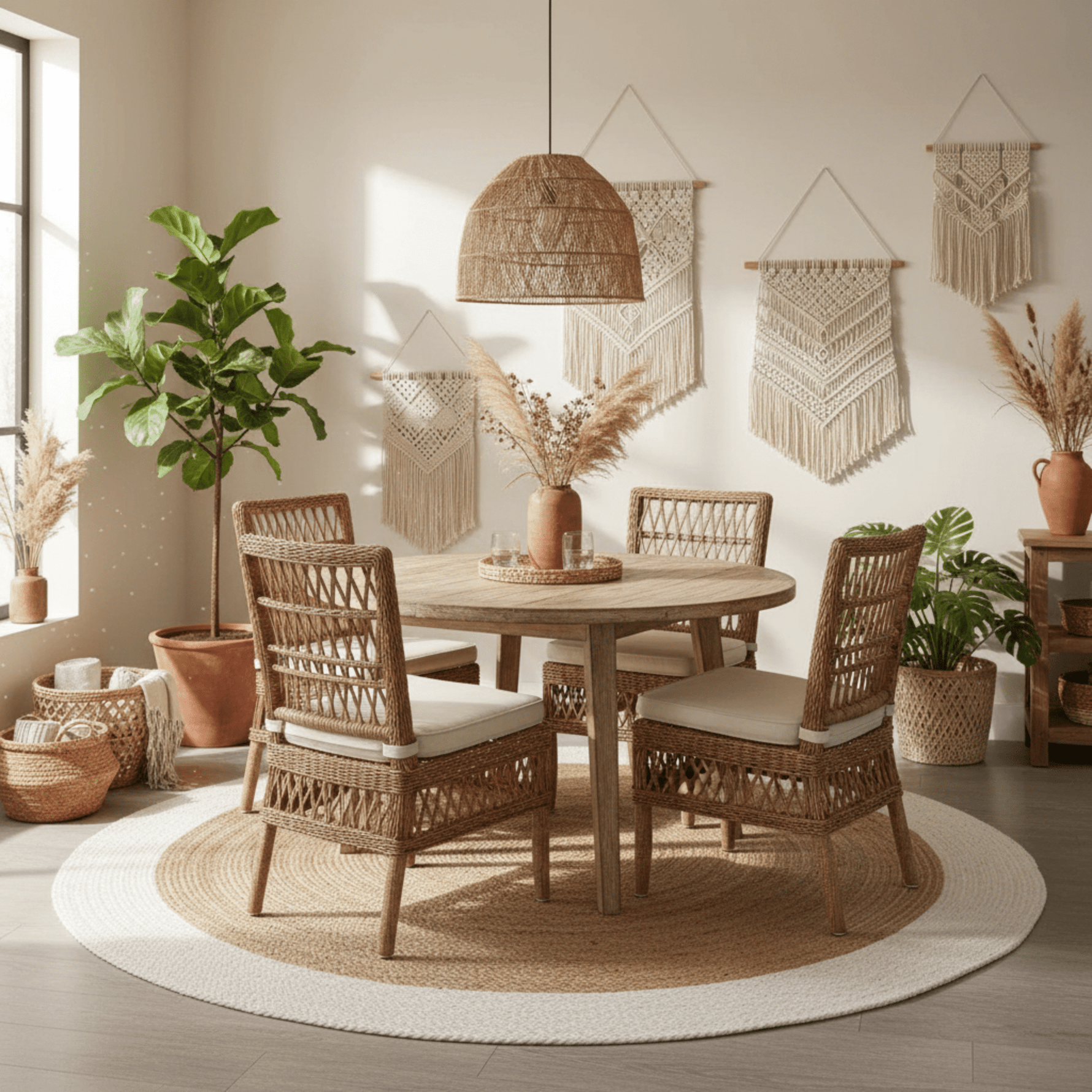 Dining room with wicker chairs, round rug, a table, and decorative wall hangings.