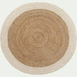 Top view of a round jute area rug with a white trim, perfect for enhancing the aesthetic of an office or dining room. This natural fiber jute rug adds a touch of elegance and warmth, making it an ideal choice for office rugs or dining room carpets.