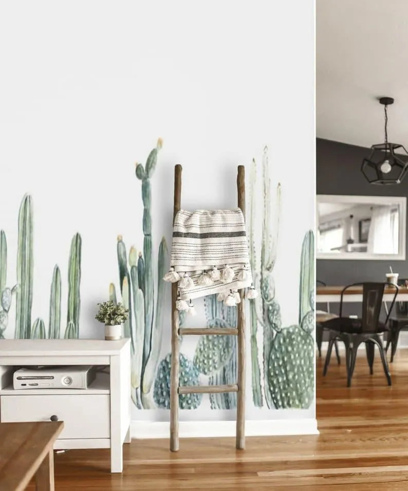 White Watercolor Cactus Wallpaper Mural