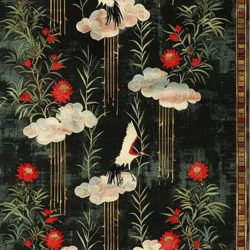 A luxurious area rug featuring a hand-tufted design with white wings and crimson petals against a dark background. This wool rug displays intricate floral patterns and soaring birds, making it an elegant choice for living room and dining room spaces. Perfect for adding a touch of sophistication to formal dining room settings or a cozy bedroom atmosphere.