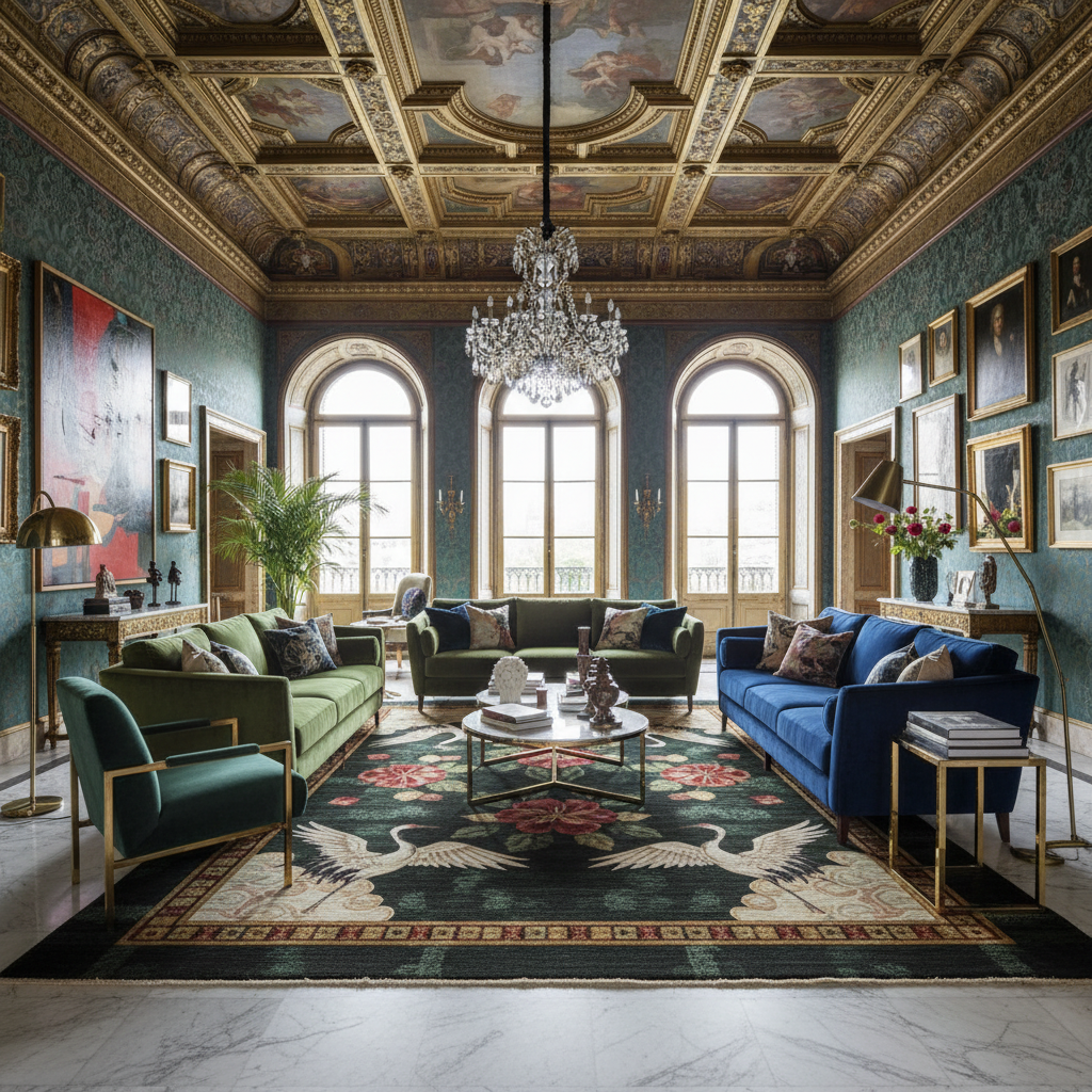 Luxurious living room with ornate ceiling, green and blue sofas, and decorative elements.