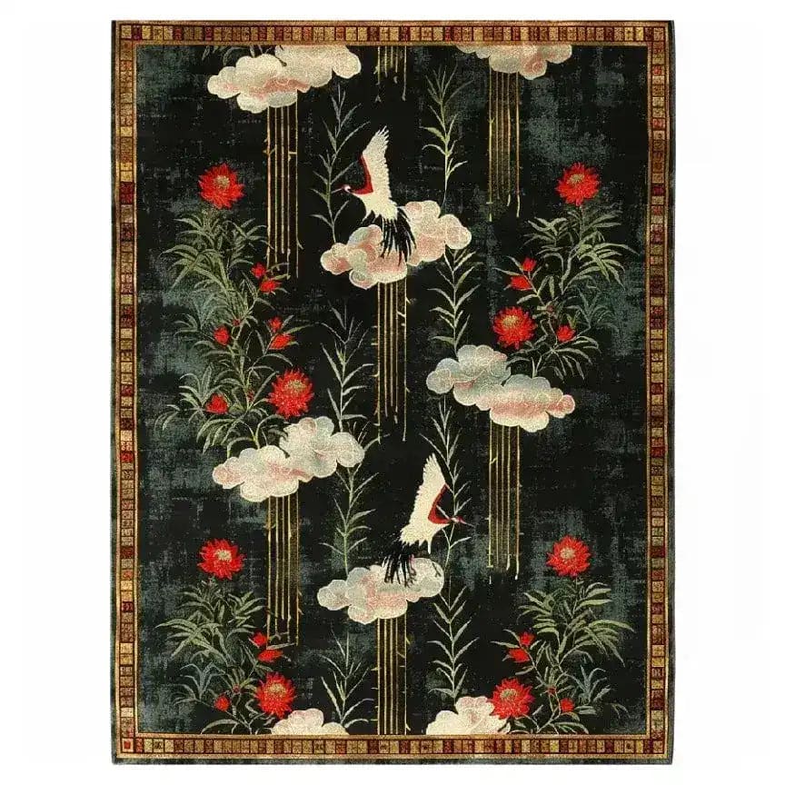 Elegant area rug featuring a vibrant floral design with white wings and crimson petals, hand-tufted from wool. Perfect for adding a touch of sophistication to living rooms, dining rooms, or bedrooms. This beautiful floral rug can enhance any formal dining room setting with its intricate patterns and luxurious feel.